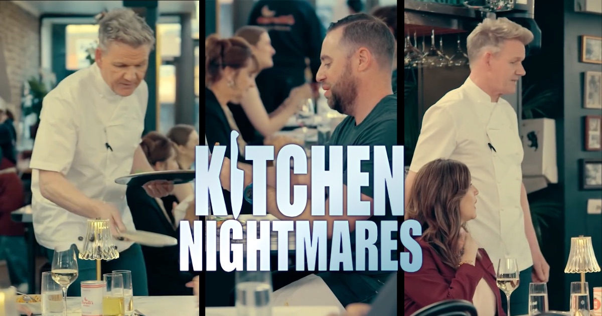 Gordon Ramsay serving a pizza, Jonathan Porter waiting at table nine, and Ramsay greeting Jonathan and his wife Renee, in three stills from the Kitchen Nightmares episode at Borelli's Pizzeria